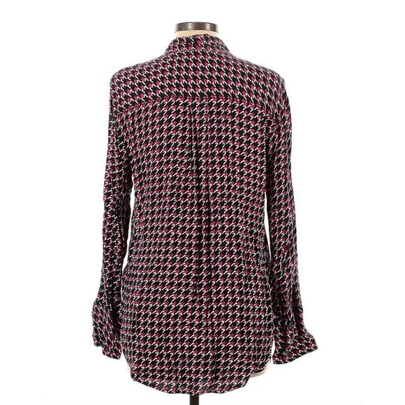 Equipment Blouse Tie Neck Collared Preppy Long Sleeve Burgundy Houndstooth , L - Picture 2 of 6